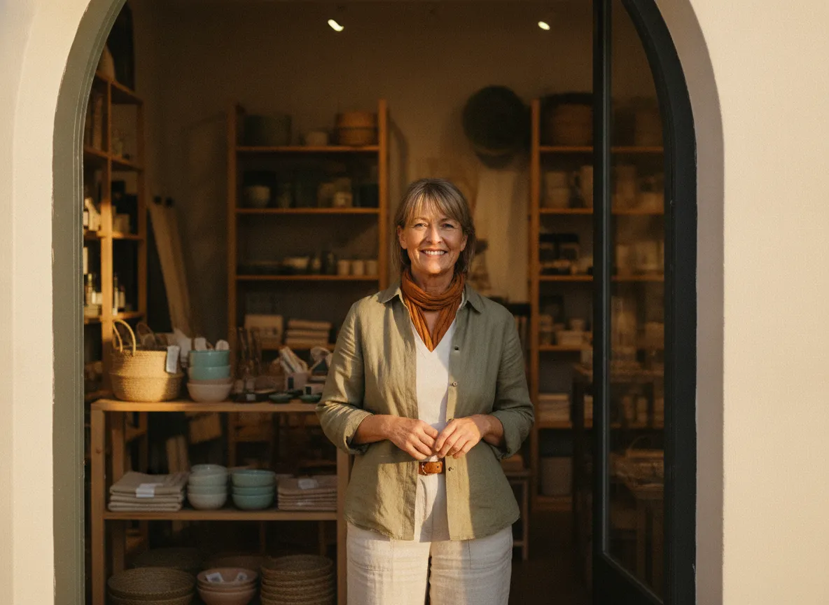 A business owner standing in front of her company